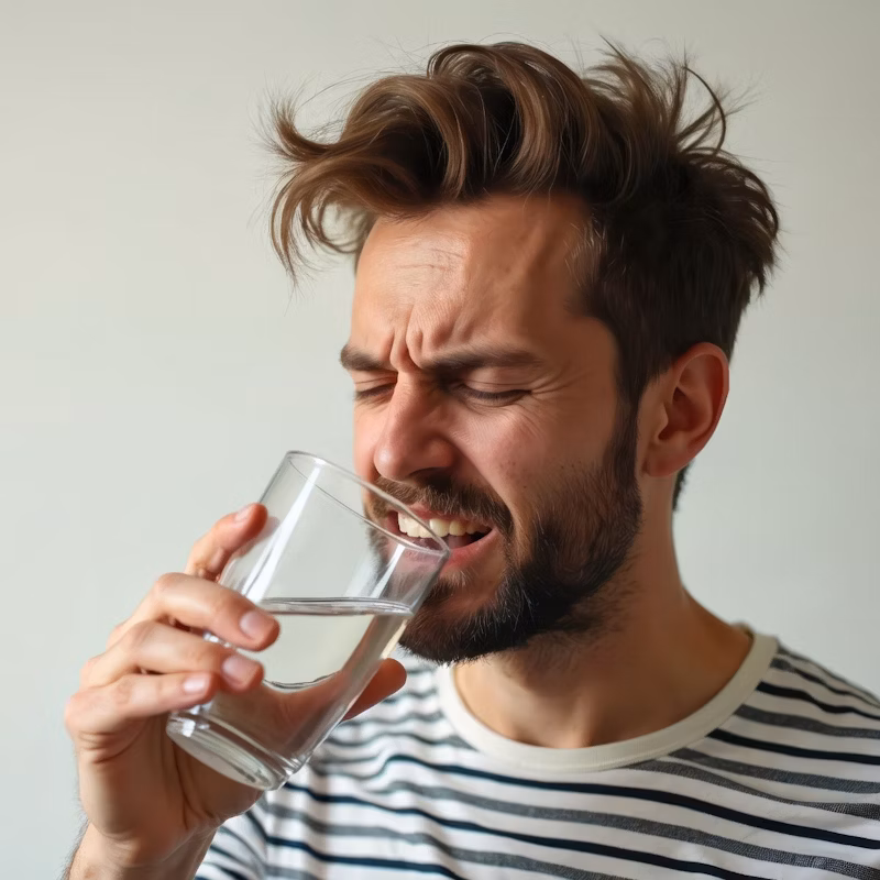 A man with a beard and messy hair grimaces while drinking from a glass of water