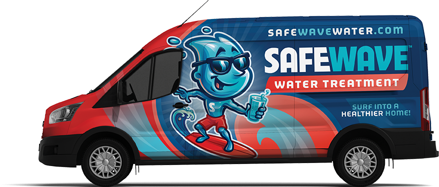 A red and blue "SAFEWAVE WATER TREATMENT" van features a cartoon water drop mascot wearing sunglasses and surfing on a wave