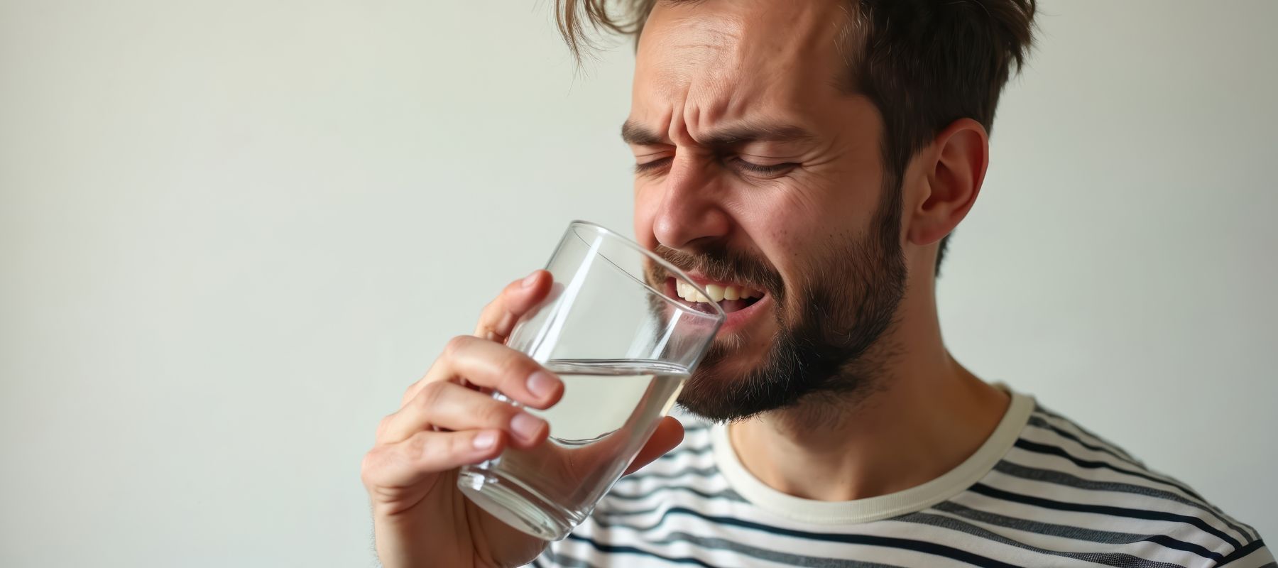 A man with a beard and messy hair grimaces while drinking from a glass of water