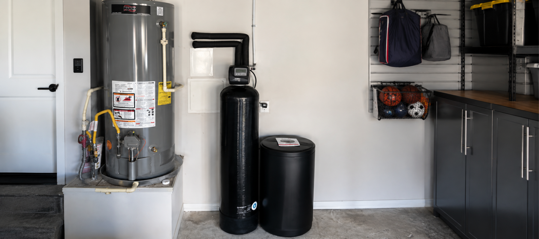 ater softener installed next to a water heater in a residential garage
